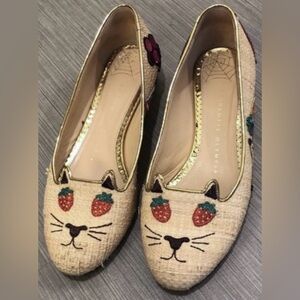 Charlotte Olympia Leather & Braided raffia wedge flats embroidered EU size 5